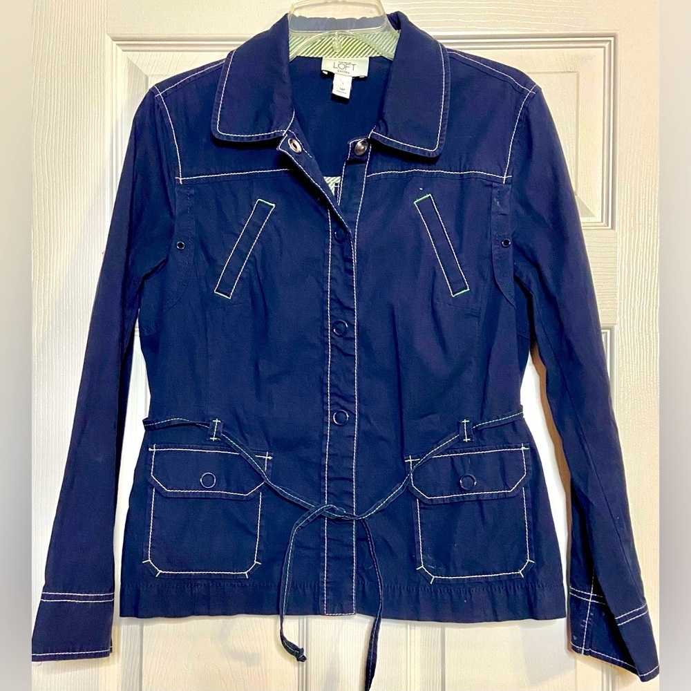 LOFT Shacket Womens Size 14P Navy Long Sleeve Collared Snap Button Front EUC